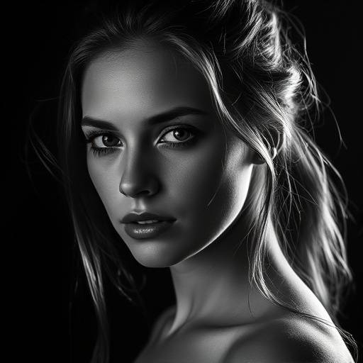 A black and white portrait of a young woman with dramatic lighting.
