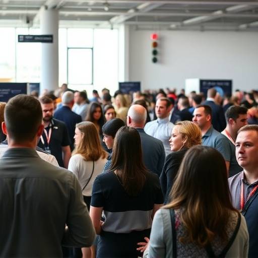 A candid photo of attendees networking at a corporate conference, capturing the professional atmosphere and engagement of the event.