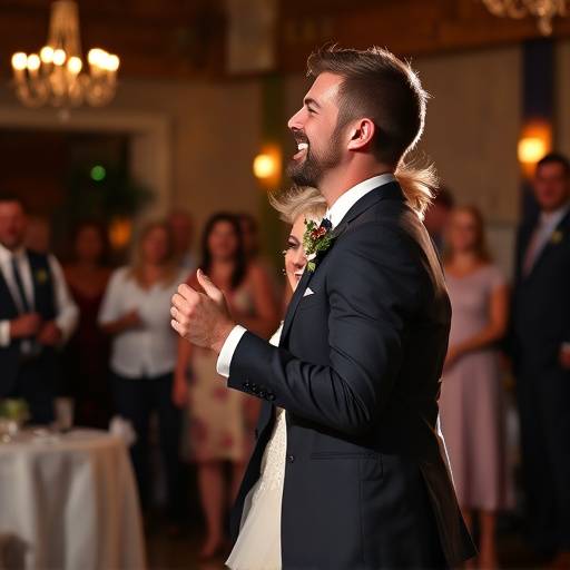 A candid shot of the bride and groom laughing during their first dance, capturing the joy and spontaneity of their wedding reception.