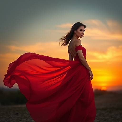 A captivating portrait of a young woman in a flowing red dress, standing against a dramatic sunset backdrop, emphasizing her elegance and grace.