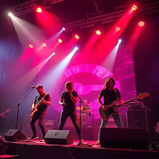 A dynamic shot of a live band performing on stage, capturing the energy and excitement of a music concert.