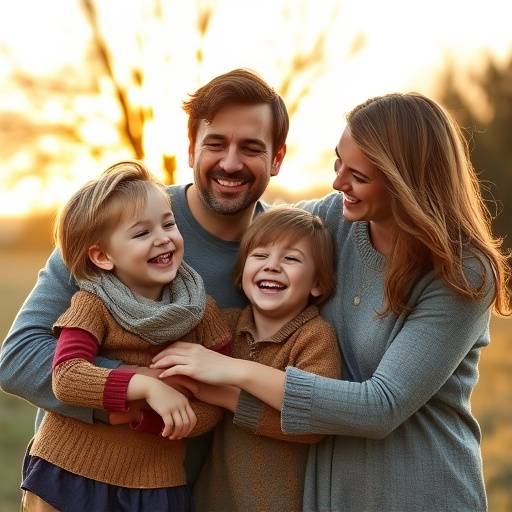 A heartwarming family portrait of parents and children laughing together in a natural setting.