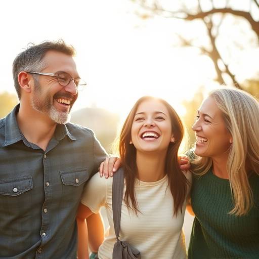 A joyful family portrait of a mother, father, and two children laughing together in a sunlit park, capturing the warmth and love within their family bond.