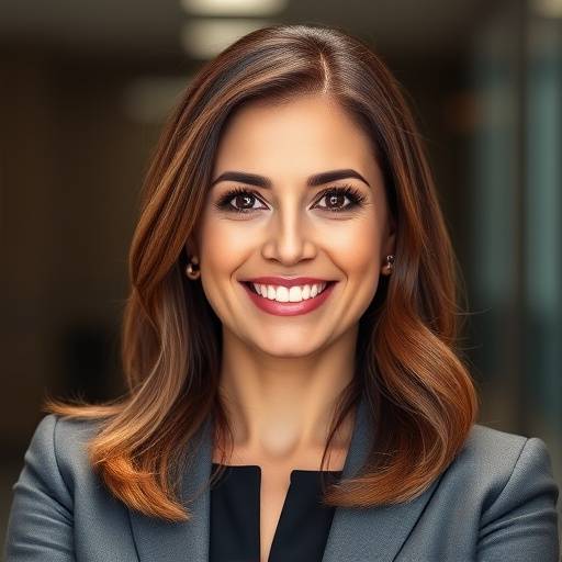 A professional headshot of a businesswoman, radiating confidence and approachability, perfect for corporate branding and online presence.