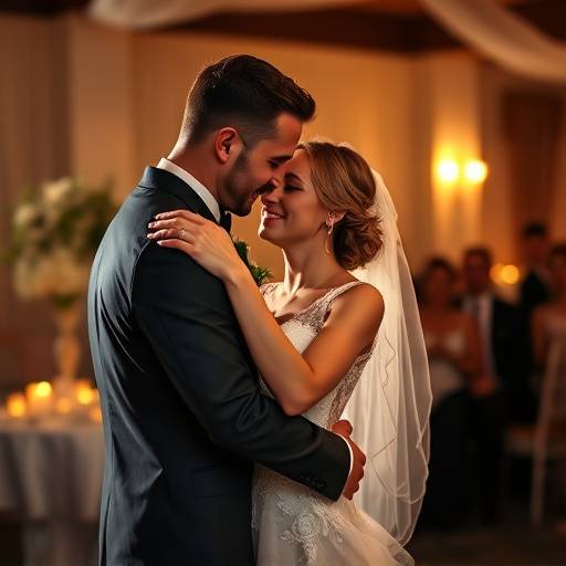 A romantic wedding photo of a bride and groom embracing during their first dance, surrounded by soft lighting.