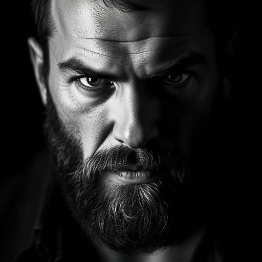 A striking black and white portrait of a man with a beard, showcasing his strong features and intense gaze, emphasizing the power and depth of character.