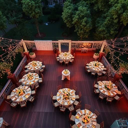 A stunning aerial view of a wedding reception held outdoors, with elegantly decorated tables and twinkling lights, showcasing the grandeur and celebration of the event.