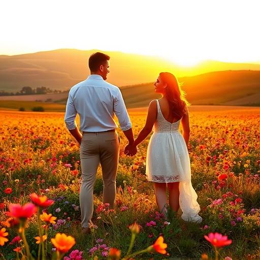 A vibrant landscape photograph of a couple holding hands in a field of wildflowers.