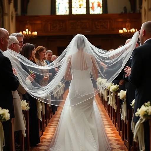 An elegant photo of a bride walking down the aisle, her veil flowing behind her, surrounded by loved ones, capturing the anticipation and emotion of the wedding ceremony.