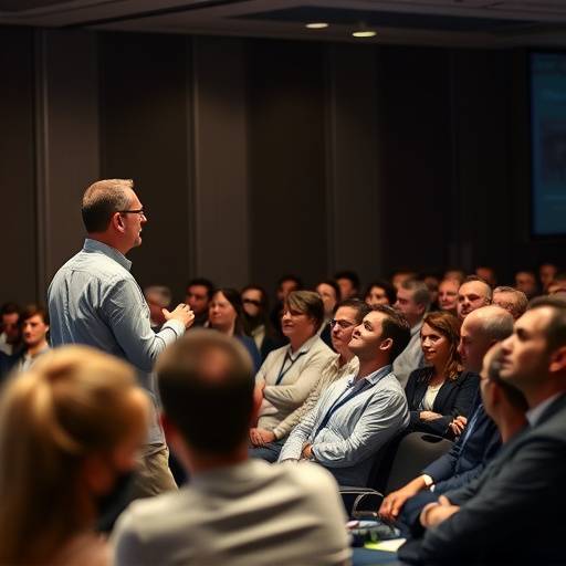 An engaging shot of a speaker presenting at a seminar, emphasizing the audience's attentive engagement and the speaker's expertise.