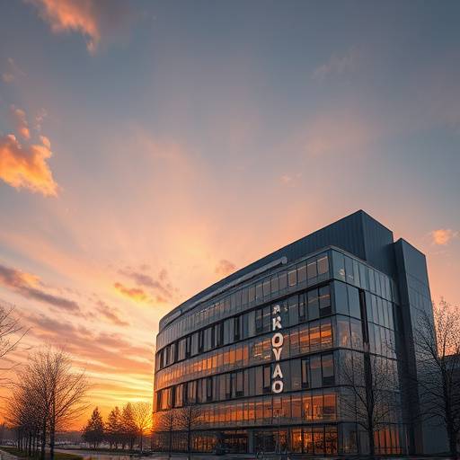 Architectural photograph of a modern building at sunset.