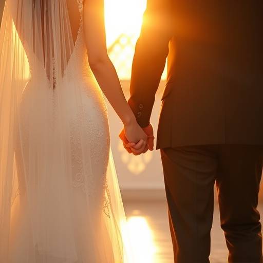 Bride and groom holding hands during their wedding ceremony, bathed in golden light.
