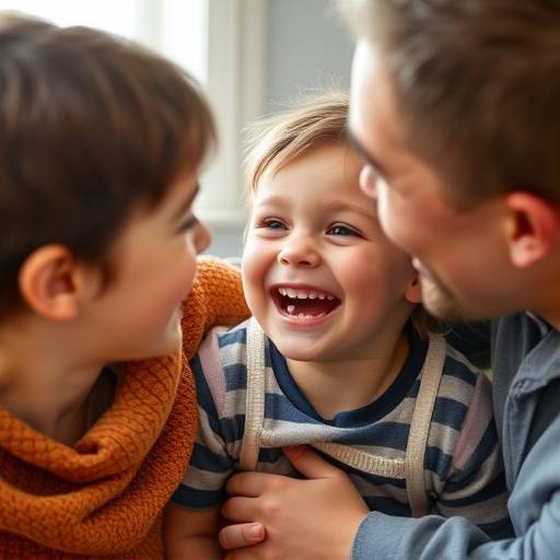 Candid photo of a child laughing during a family photoshoot.